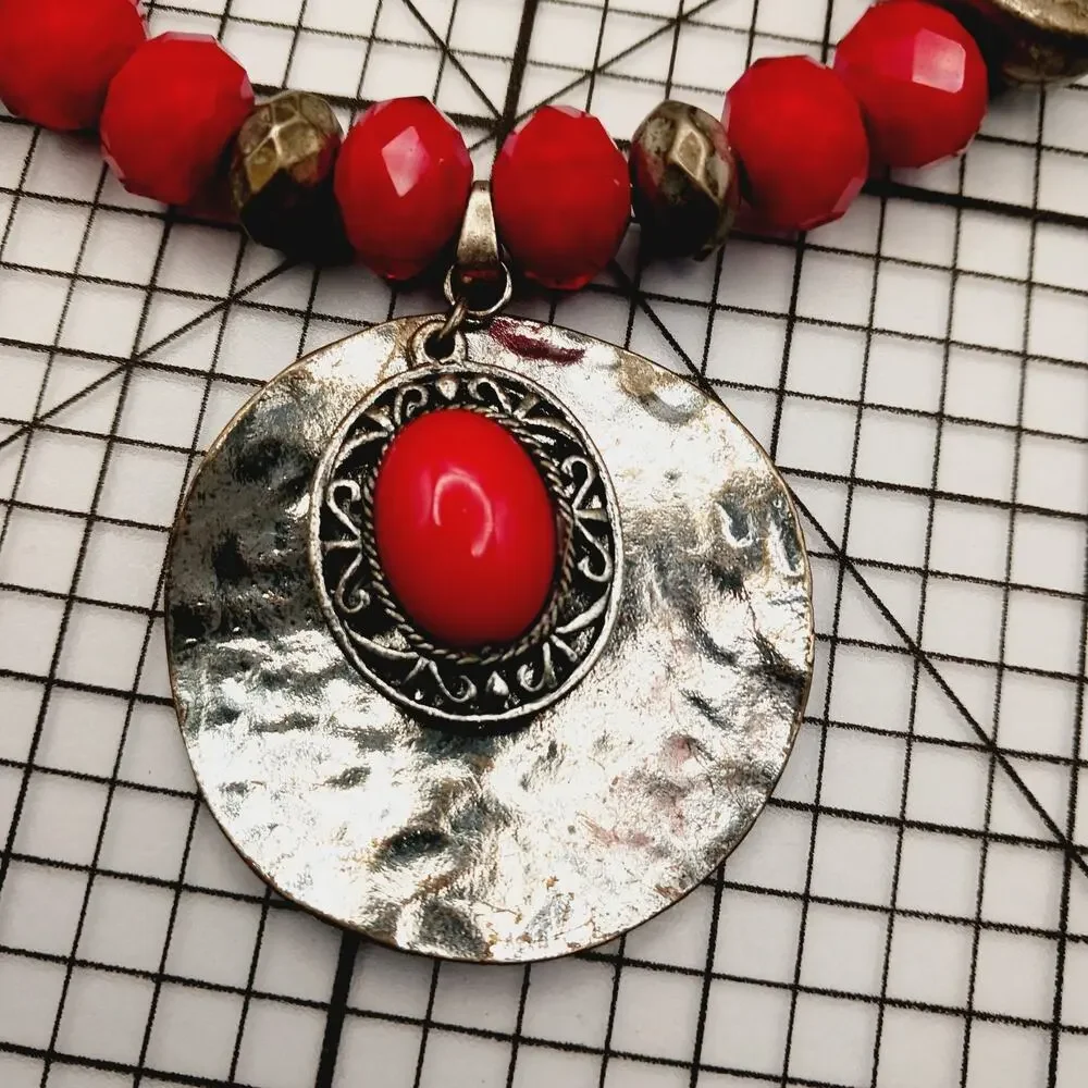 Necklace Statement Red Silver Tone Hammered Disc Pendant Boho Artisan Southwest